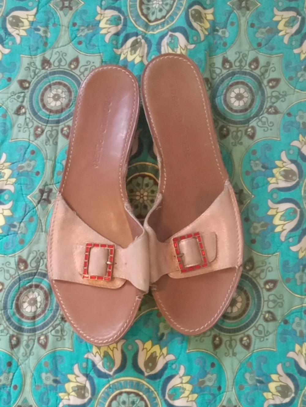 Donald J. Pliner Tan Suede Slide Sandals with Red-Trim Buckle